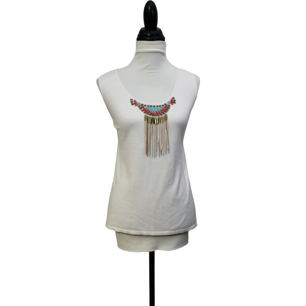 Vintage 90s Ruby Rd Beaded Western Tank XL Coral Turquoise Tassel Summer Top
